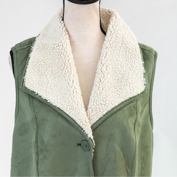 Gorpcore cozy warm faux Suede vest wide collar sherpa lining green Denim & Co XL - Picture 2 of 14